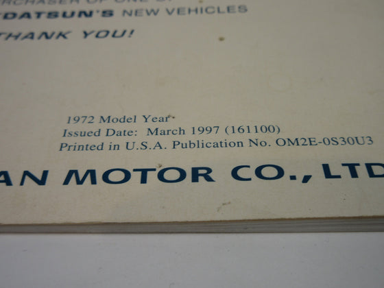 9/1997 Published Date for Vintage Z Program 1972 Datsun 240Z Owner's Manual
