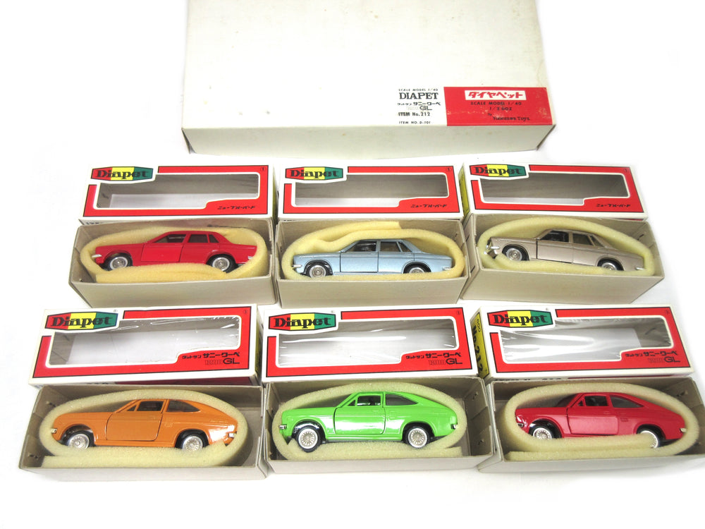 Yonezawa Diapet 1/40 Diecast Datsun Sunny Coupe 1200GL Lot of 3 and Datsun 510 Lot of 3 NOS 1970's Made in Japan