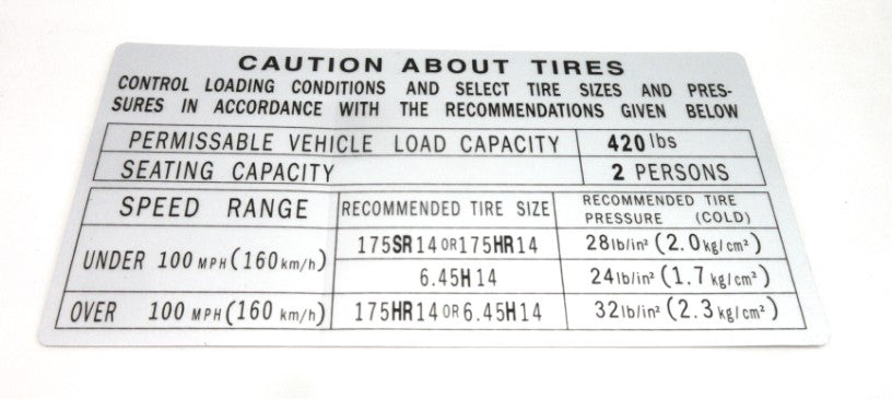 Datsun 240Z Glove box tire information decal