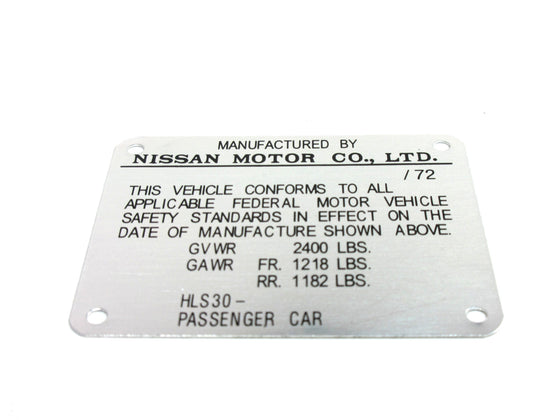 Door Jamb ID Plate for Early 1972 Datsun 240Z  (Back Order NO ETD)